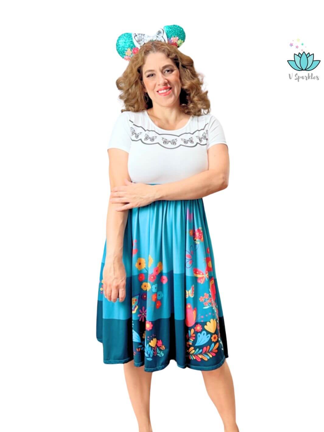 Mirabel-Themed Dress for Play Pretend and Special Occasions: A magical Mirabel-inspired dress for adults, great for Disneybounding, Halloween costumes, and birthday parties. With its playful colors and floral details, it’s a fun self treat or a thoughtful gift for Encanto fans who love to dress up.