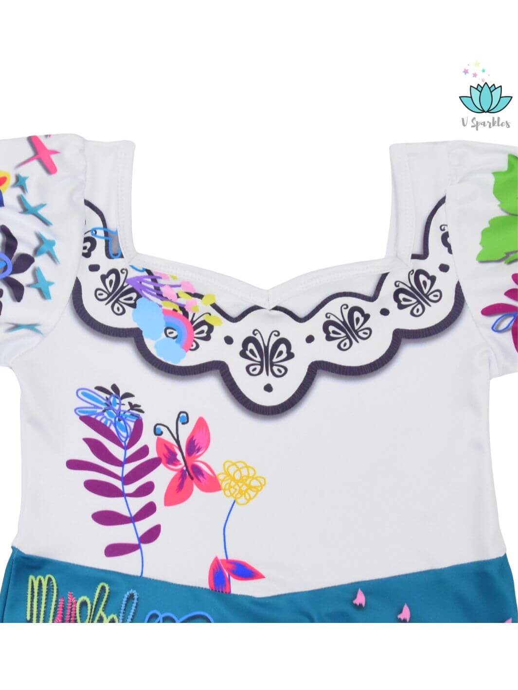 Mirabel Disneybound Costume for Kids' Special Occasions: A magical Mirabel-themed dress with vibrant floral designs, perfect for Disneybounding, Halloween, or birthday parties. This enchanting outfit is great for dress-up games and makes a wonderful self treat or gift for fans of Encanto.