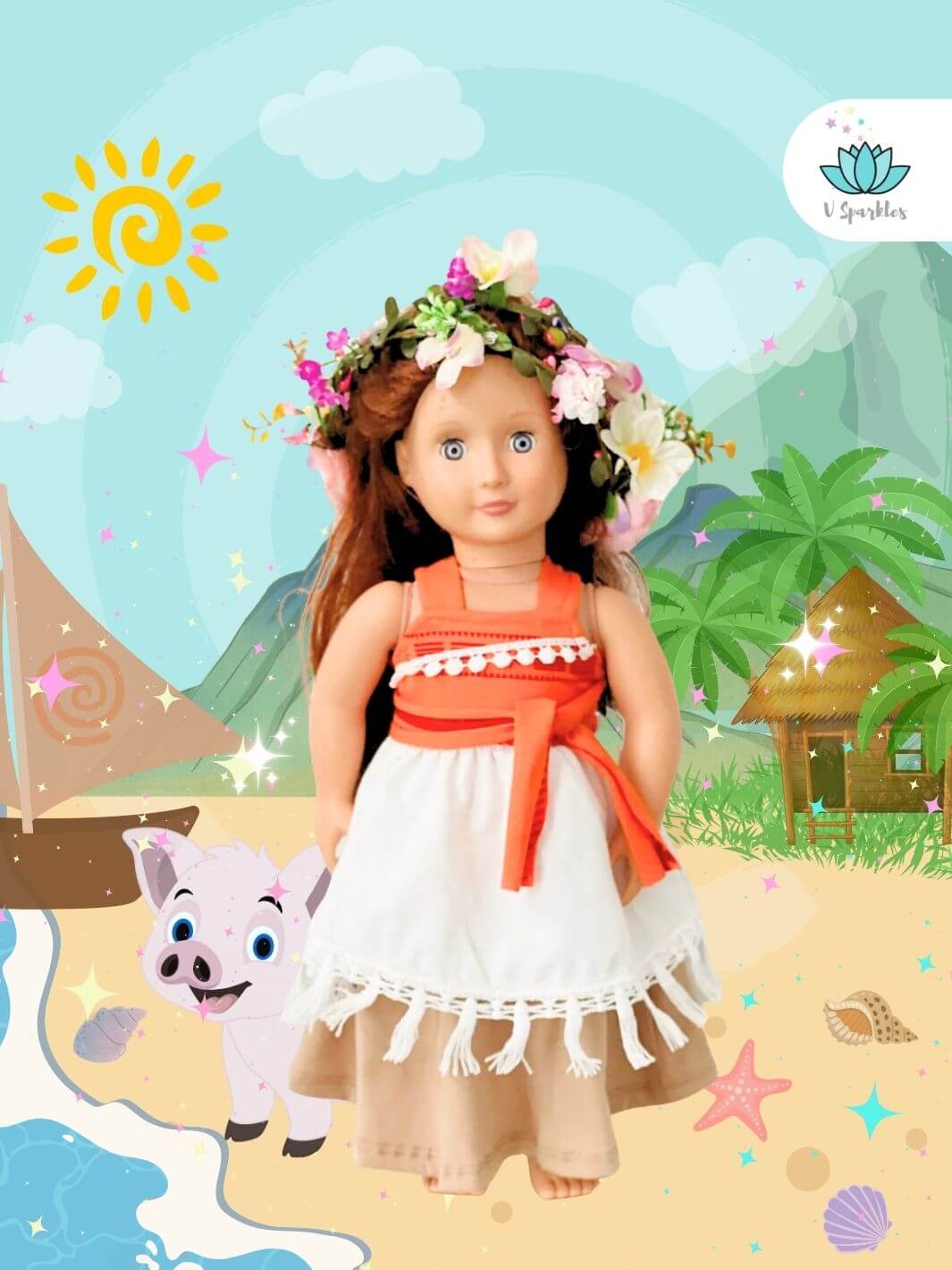 Moana-inspired doll dress, perfect for Disneybounding, play pretend, or dress up games, making it an ideal birthday gift for kids.