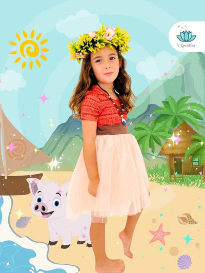 Moana kids' dress with tribal patterns and tulle skirt, perfect for Disneybounding, Halloween costume, or as a birthday dress to impress. Great for play pretend and dress up games.