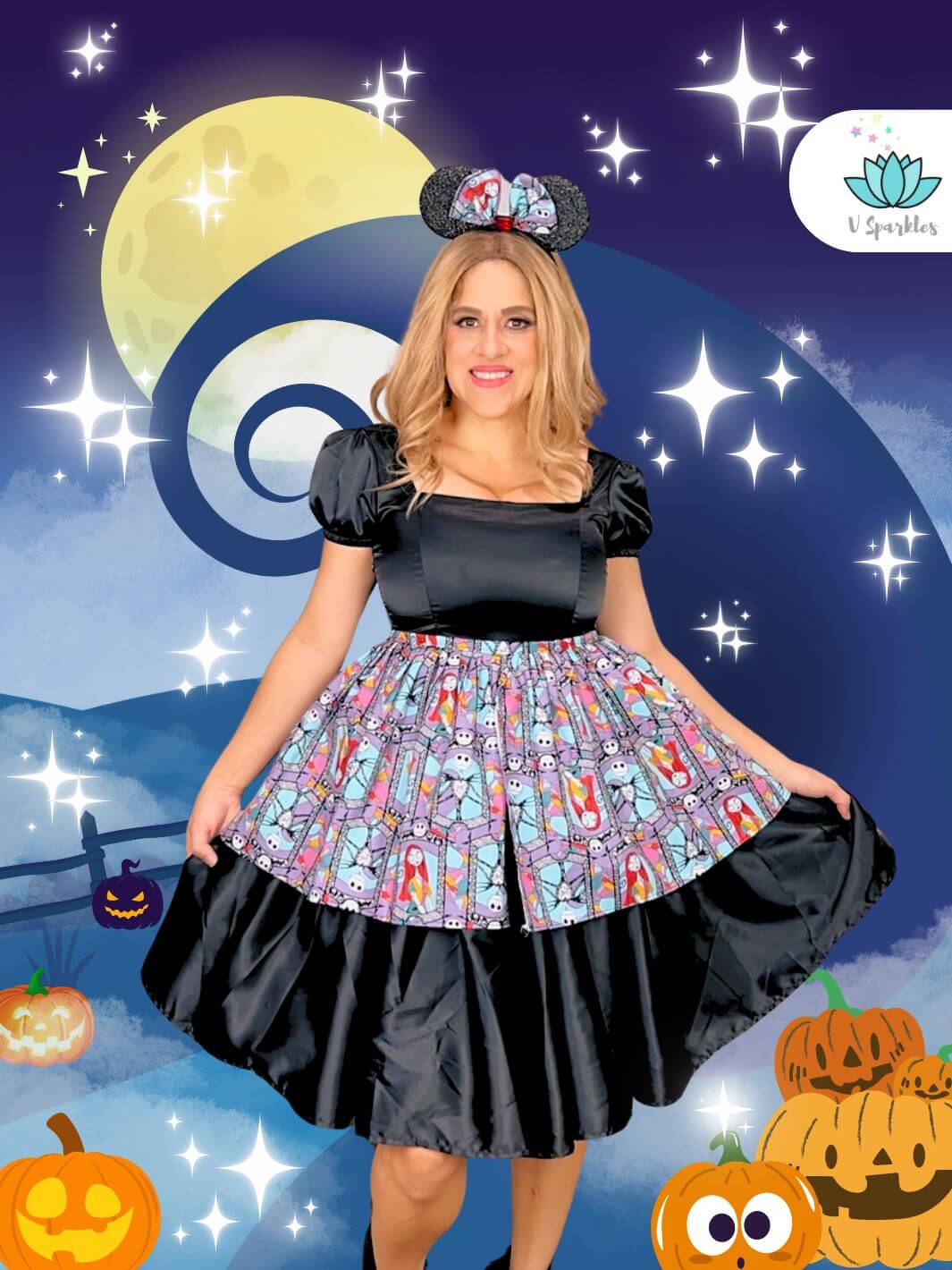 Spooky Christmas Dream Dress-Up Overskirt for Adults – Pumpkin King-Inspired Costume Accessory – This spooky and whimsical overskirt is perfect for transforming into the Pumpkin King. Ideal for Disneybounding, Halloween costumes, or themed holiday events. Available in mid-size and plus-size options.

