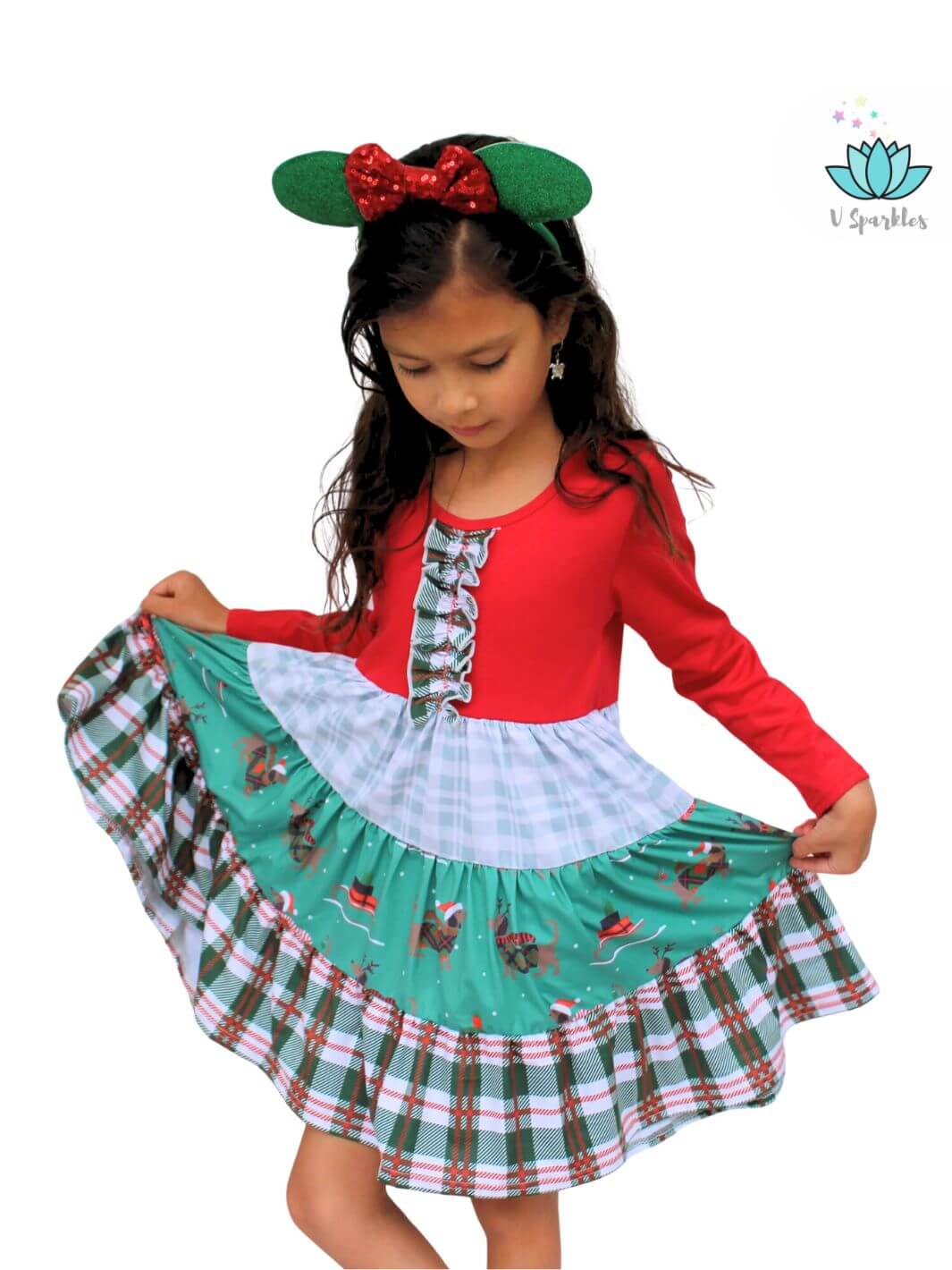 "Plaid reindeer Christmas dress for kids, perfect for holiday parties or as a magical birthday dress. A wonderful choice for play pretend and dress up games.