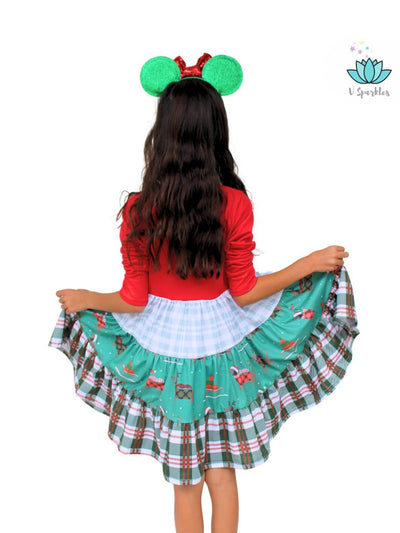 "Plaid reindeer Christmas dress, perfect for kids' dress up games, holiday celebrations, or as a fun birthday dress. A great gift idea for the holiday season.