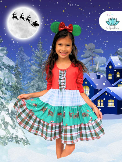 "Plaid reindeer-themed kids' Christmas dress, perfect for Disneybounding during the holiday season. Ideal for dress up games and festive celebrations.