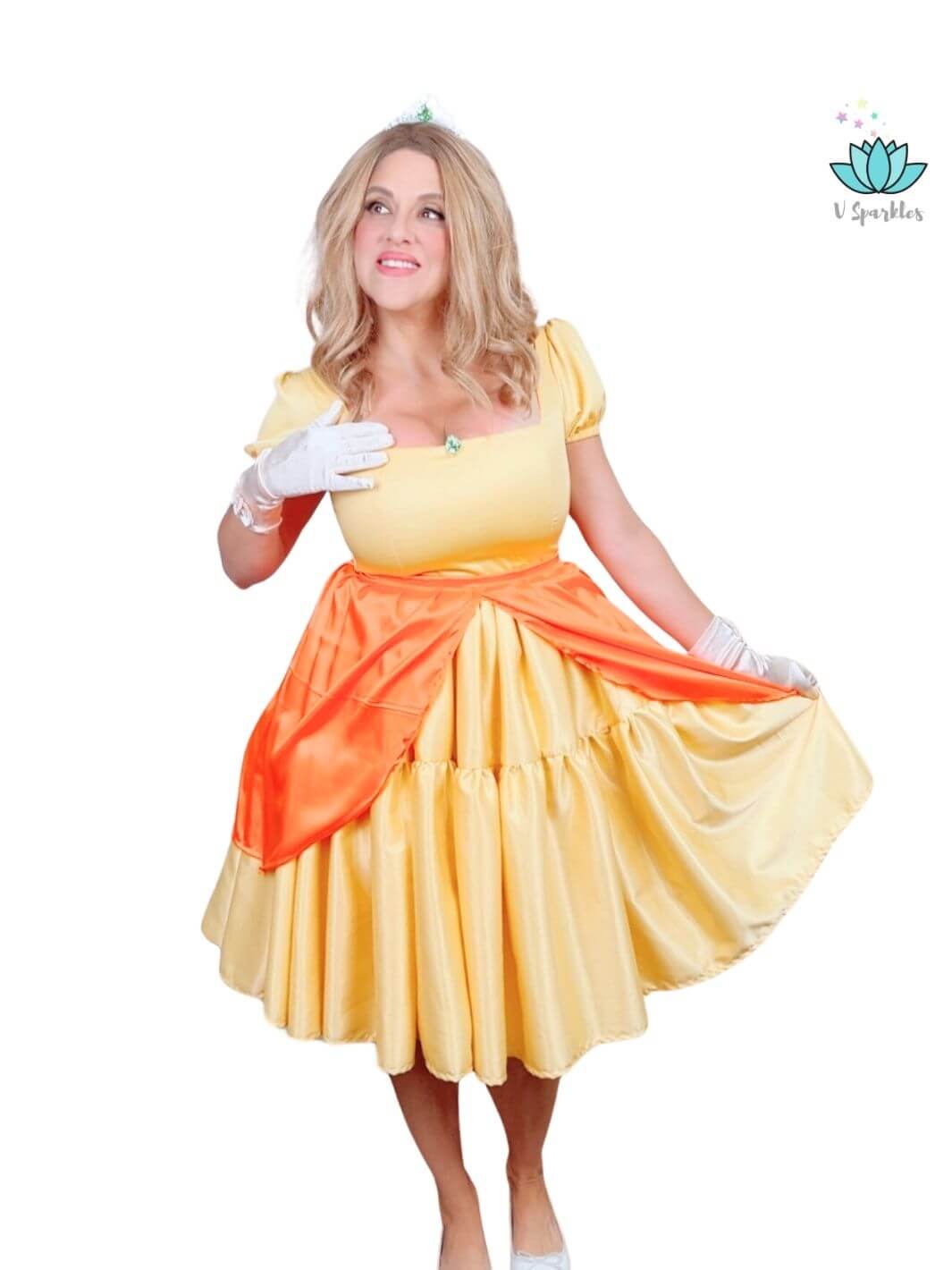 Yellow Princess Video Game Dress Set for Women – Complete Princess Peach Transformation – This stunning yellow dress set offers a full Princess Peach-inspired transformation, perfect for Disneybounding, Halloween parties, or holiday celebrations. Available in mid-size and plus-size options.