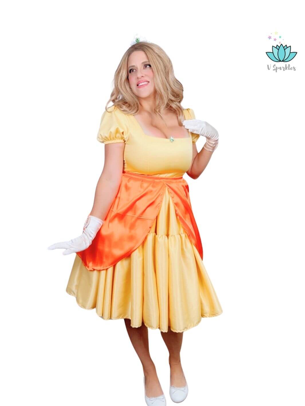 Yellow Princess Video Game Dress Set for Women – Perfect for Halloween and Disneybounding – Channel your inner Princess Peach with this vibrant yellow dress set, ideal for Halloween parties, Disneybounding, or special occasions. Available in mid-size and plus-size options.