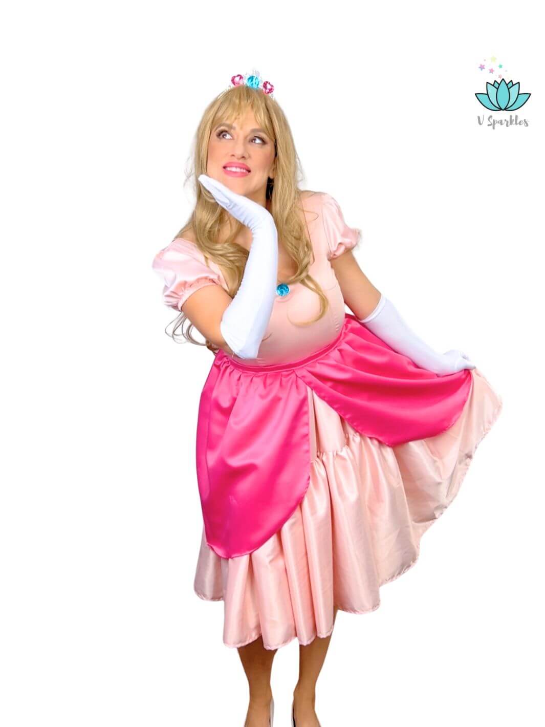 Pink Princess Dress Set for Women – Matching Mother and Daughter Outfit – Create a magical matching mother and daughter Disneybounding look with this Princess Peach-inspired dress set. Ideal for Halloween costumes or themed events. Available in mid-size and plus-size options.