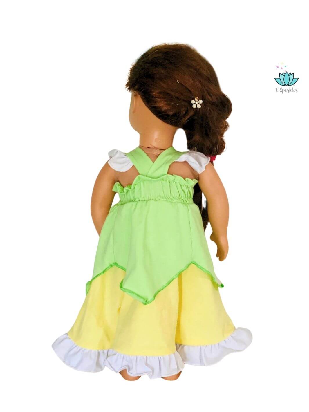 "Elegant Tiana-inspired doll dress with layered petals, ideal for Disneybounding or play pretend. A stunning choice for kids' Halloween costumes, birthday parties, or as a memorable gift.