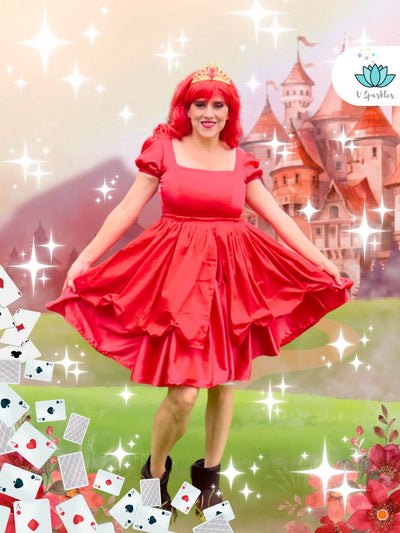 Base Red Twirl Dress for Women – Red Hearts Queen-Inspired Disneybounding Dress – This striking red base twirl dress is perfect for creating a regal Red Hearts Queen-inspired look. Ideal for Disneybounding, Halloween costumes, or themed holiday events. Available in mid-size and plus-size options.