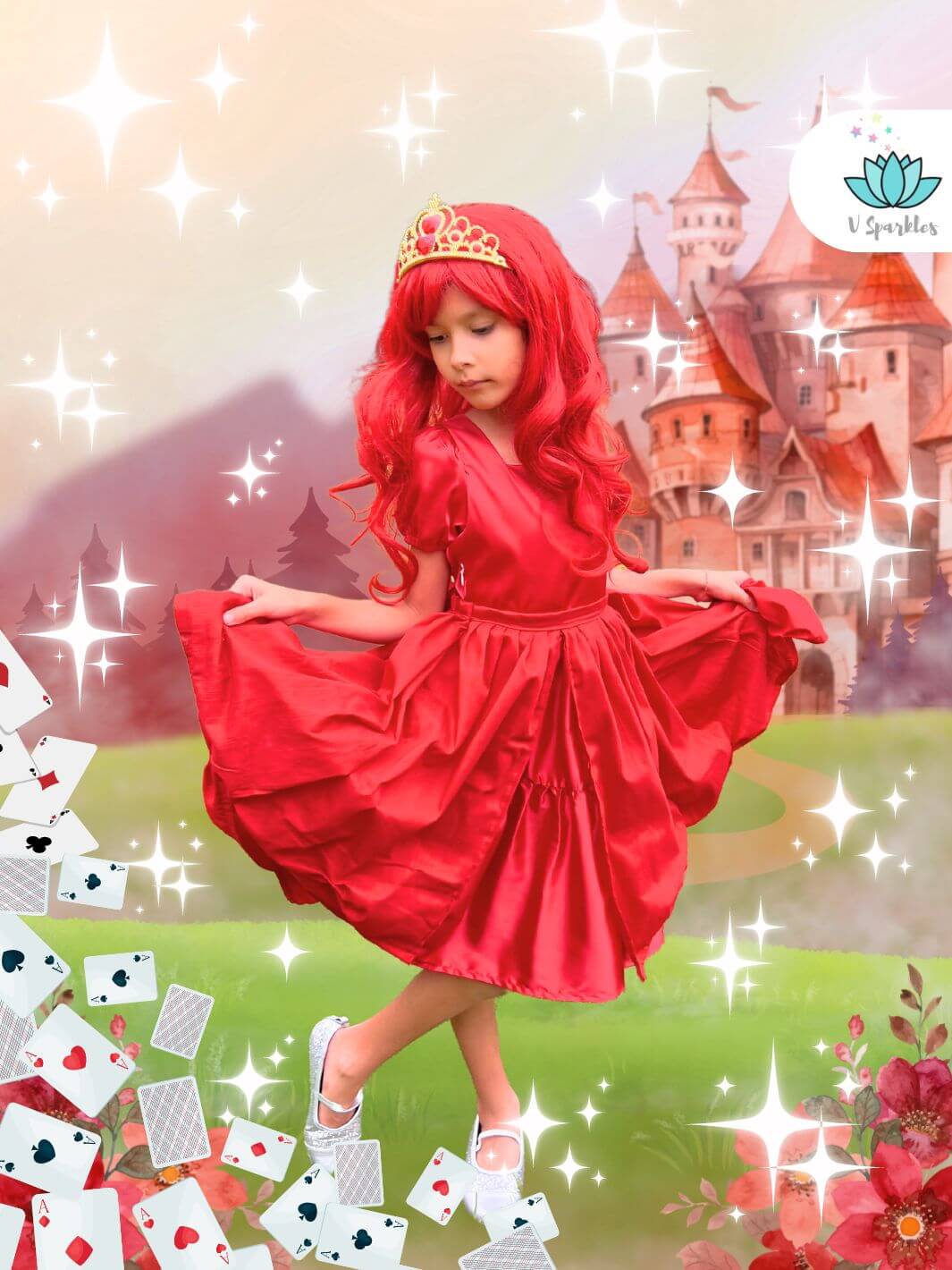 Red Hearts Queen Dress-Up Overskirt for Girls – Queen of Hearts-Inspired Costume Accessory – This regal red overskirt is perfect for transforming any little girl into the Queen of Hearts. Ideal for Disneybounding, dress-up games, or birthday parties for toddlers and young girls.