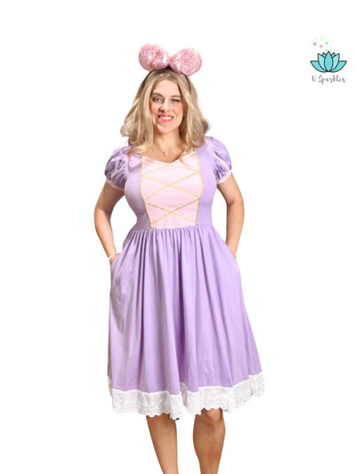 Rapunzel Dress to Impress for Adults: A stunning Rapunzel-inspired adult dress with lace trim, ideal for Disneybounding, Halloween, or as a fashionable birthday outfit. A magical self-treat or gift for a fan of the long-haired princess.