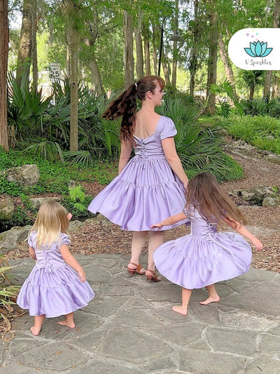 Enchanted Tower Princess Dress Set for Girls – Rapunzel Disneybounding for Kids – This Rapunzel-inspired dress set is perfect for creating a magical Disneybounding look for little girls at Halloween, birthday parties, or themed events.