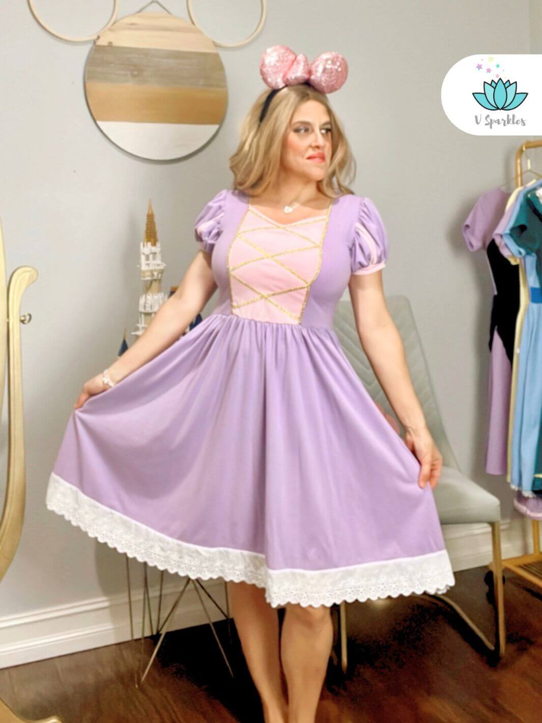 Rapunzel-Inspired Birthday Dress for Adults: Channel your inner princess with this Rapunzel adult dress, perfect for Disneybounding, Halloween costumes, and dress-to-impress birthday parties. An enchanting self-treat or fashion statement.