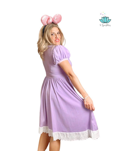 Adult Rapunzel Dress for Disneybound Events: This lovely Rapunzel-inspired adult dress is designed for Disneybounding, featuring delicate detailing and pastel colors, perfect for Halloween or as a magical birthday dress.