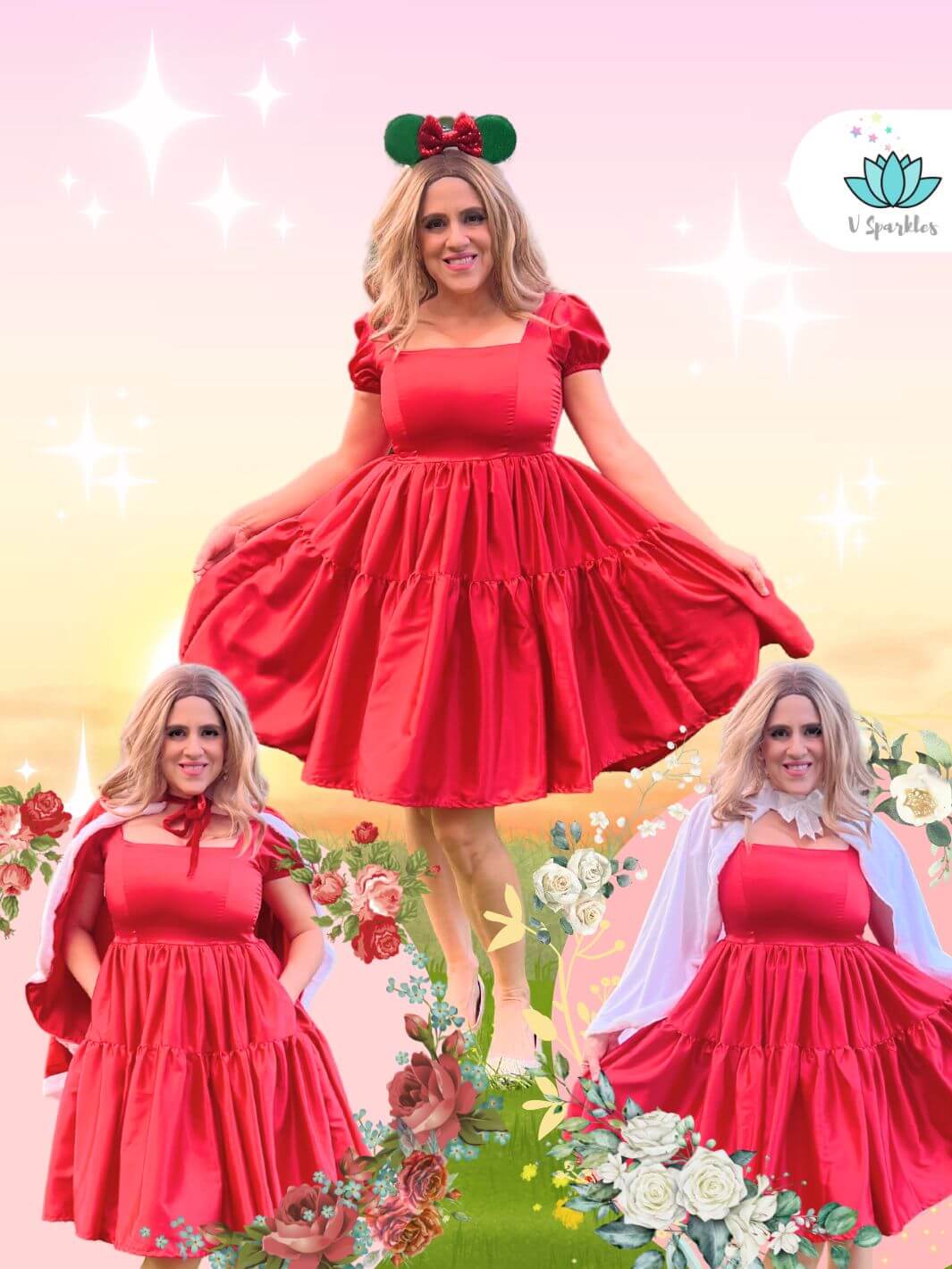 Elegant Red Dress with Optional White or Red Cape – Available in Plus Sizes