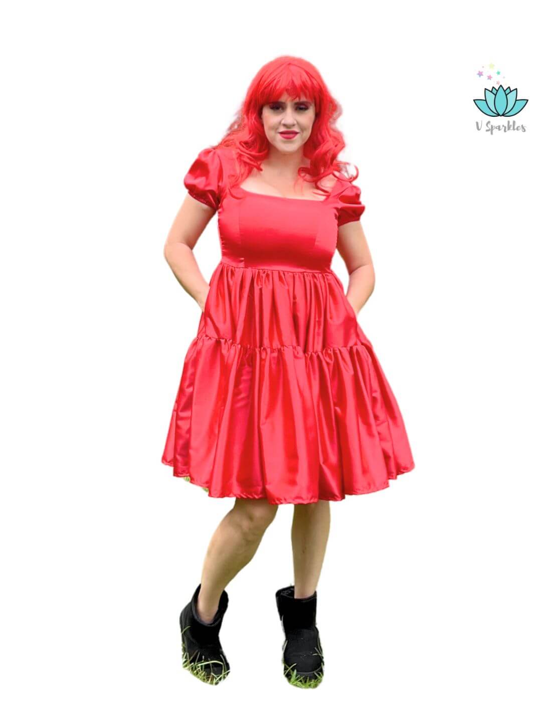 Base Red Twirl Dress for Adults – Complete Red Hearts Queen Transformation – Channel your inner Red Hearts Queen with this stunning red base twirl dress. Perfect for Disneybounding, Halloween parties, or holiday gatherings. Available in mid-size and plus-size options.