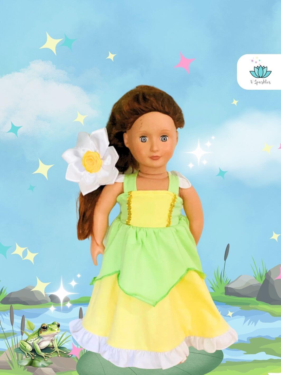 "Tiana-inspired doll dress with vibrant green and yellow hues, perfect for Disneybounding or dress-up games. An ideal Halloween costume or birthday dress for kids who love to play pretend.