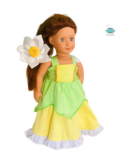 "Lily pad-themed Tiana doll dress, great for Disneybounding adventures, dress-up games, and special occasions like Halloween or birthdays. A wonderful self-treat or gift for Disney fans."