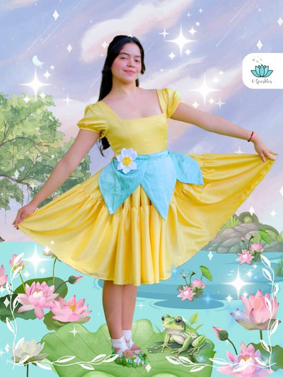 Lily Pad Princess The Frog Dress-Up Overskirt for Adults – Princess Tiana-Inspired Costume Accessory – This beautiful Lily Pad Princess-inspired overskirt is perfect for transforming into Princess Tiana. Ideal for Disneybounding, Halloween costumes, or themed holiday events. Available in mid-size and plus-size options.