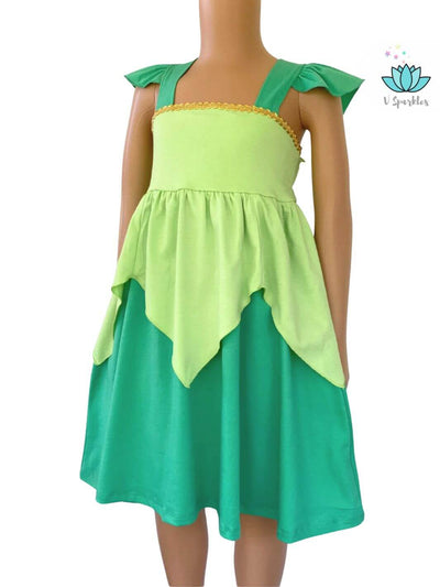 "Fairy green Tinkerbell-themed dress for kids, great for Disneybound adventures, Halloween fun, or a birthday dress to impress. Perfect for imaginative play.