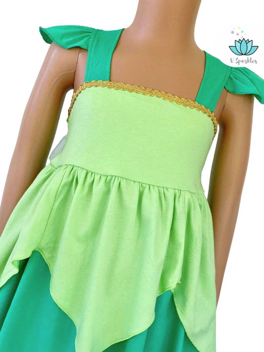 "Tinkerbell-inspired kids' dress, great for dress-up games, birthday celebrations, and Disneybounding. A whimsical self-treat or gift for fairy fans.