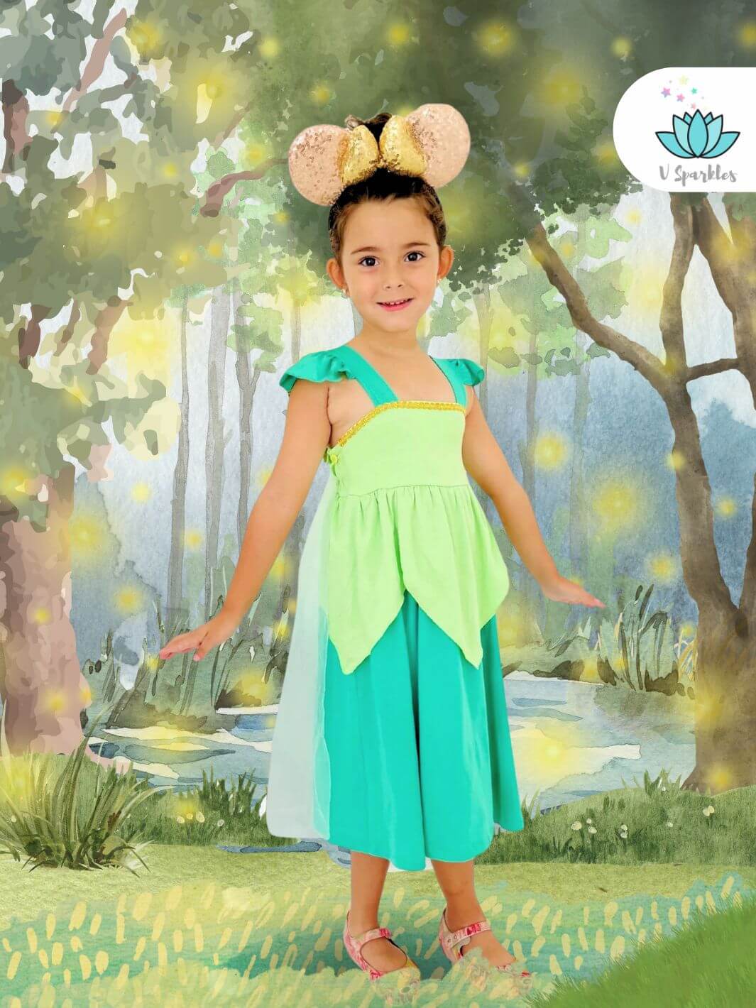 "Tinkerbell-inspired kids' dress perfect for Disneybounding outfit, Halloween costume, or magical birthday dress. Ideal for play pretend and dress-up games.