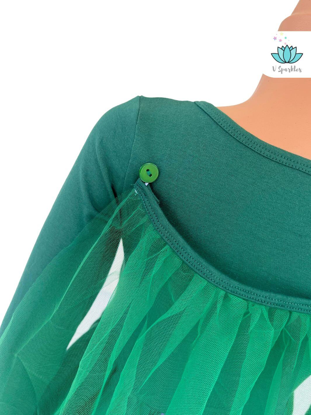 "Close-up detail of Winifred-inspired kids green dress, perfect for Disneybounding outfit, Halloween costume, or birthday dress. Ideal for play pretend and dress up games.