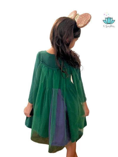 "Winifred Sanderson-inspired green kids dress detail, perfect for a magical Disneybounding Halloween costume or dress to impress at a birthday party. Great for play pretend fun.