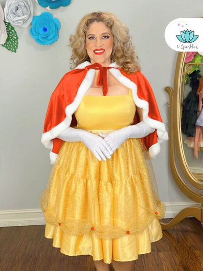 Red Rose Princess Winter Adult Dress Set – Matching Mother and Daughter Outfit – Create a magical matching mother and daughter Disneybounding look with this Belle-inspired winter dress set. Perfect for holiday costumes or themed events. Available in mid-size and plus-size options.